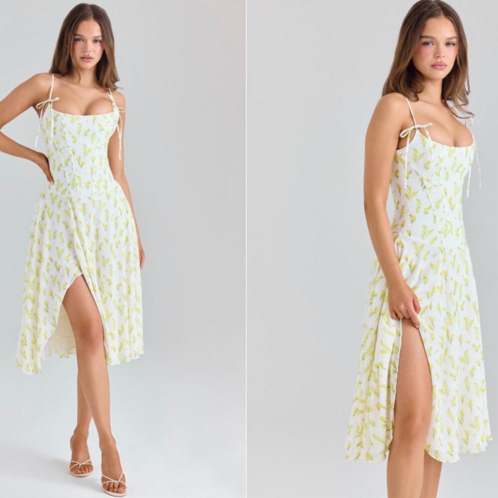 HOUSE OF CB 'Yvette'Lemon Floral Print Georgette Midi Dress NWOT